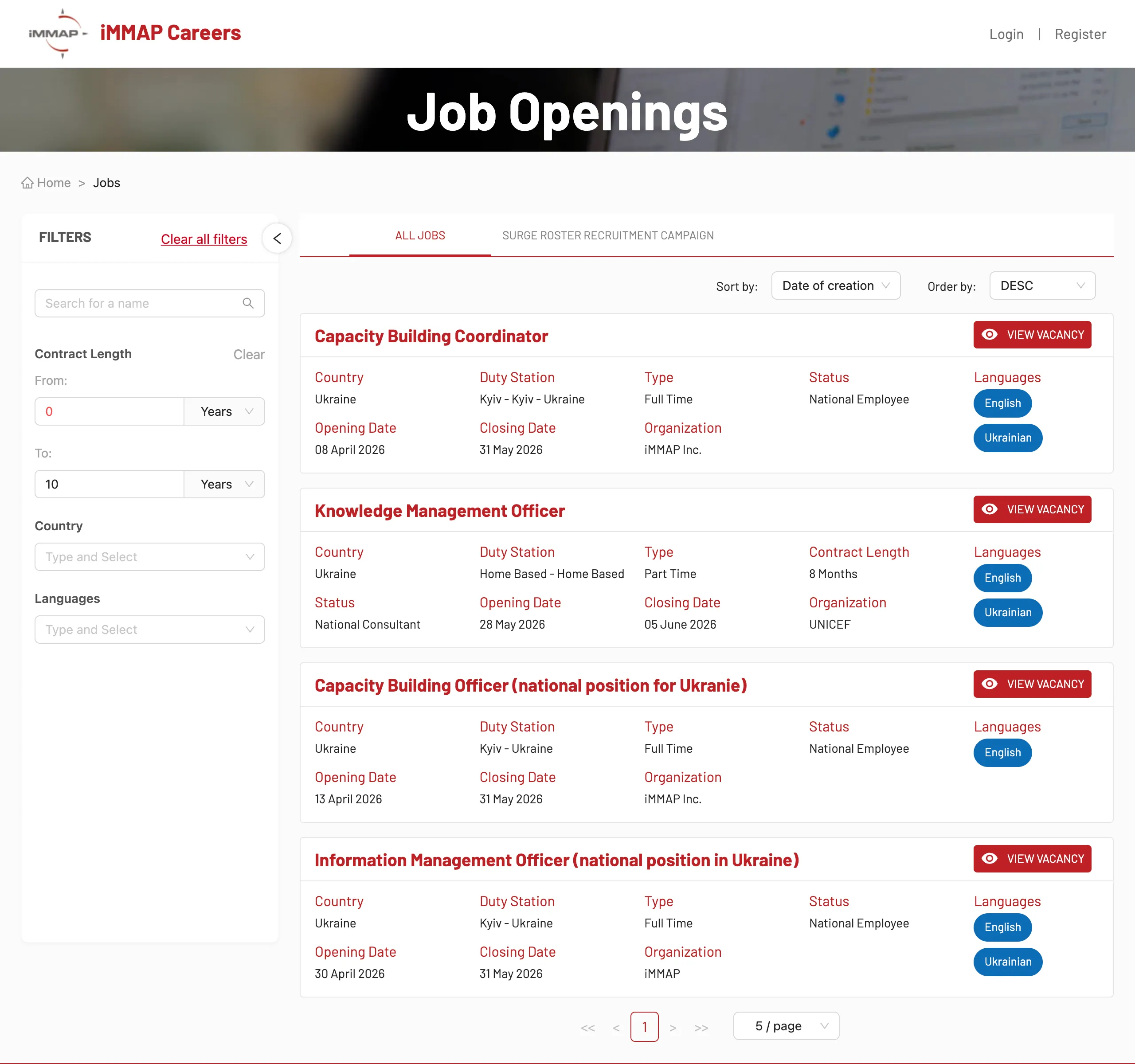 iMMAP Careers platform screenshot